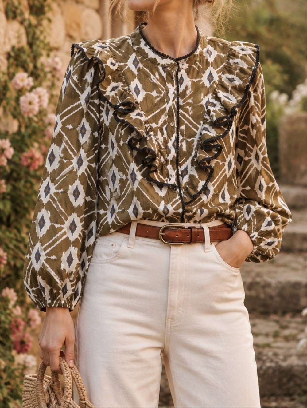 NWT B.Young Olive White Geometric Ruffle Blouse Boho Victorian Button-Up